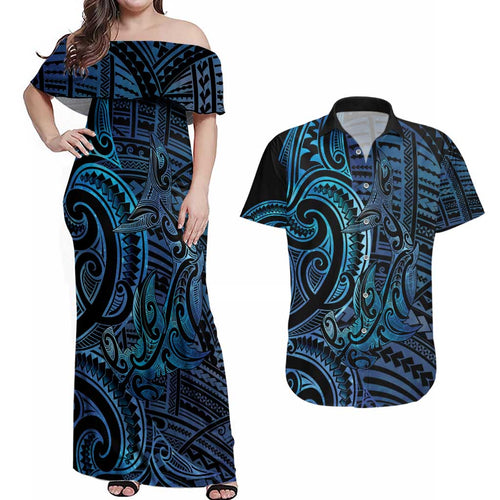 New Zealand Hammerhead Shark Couples Matching Off Shoulder Maxi Dress and Hawaiian Shirt Maori Haehae Mangopare Galaxy - Aussie Hoodie