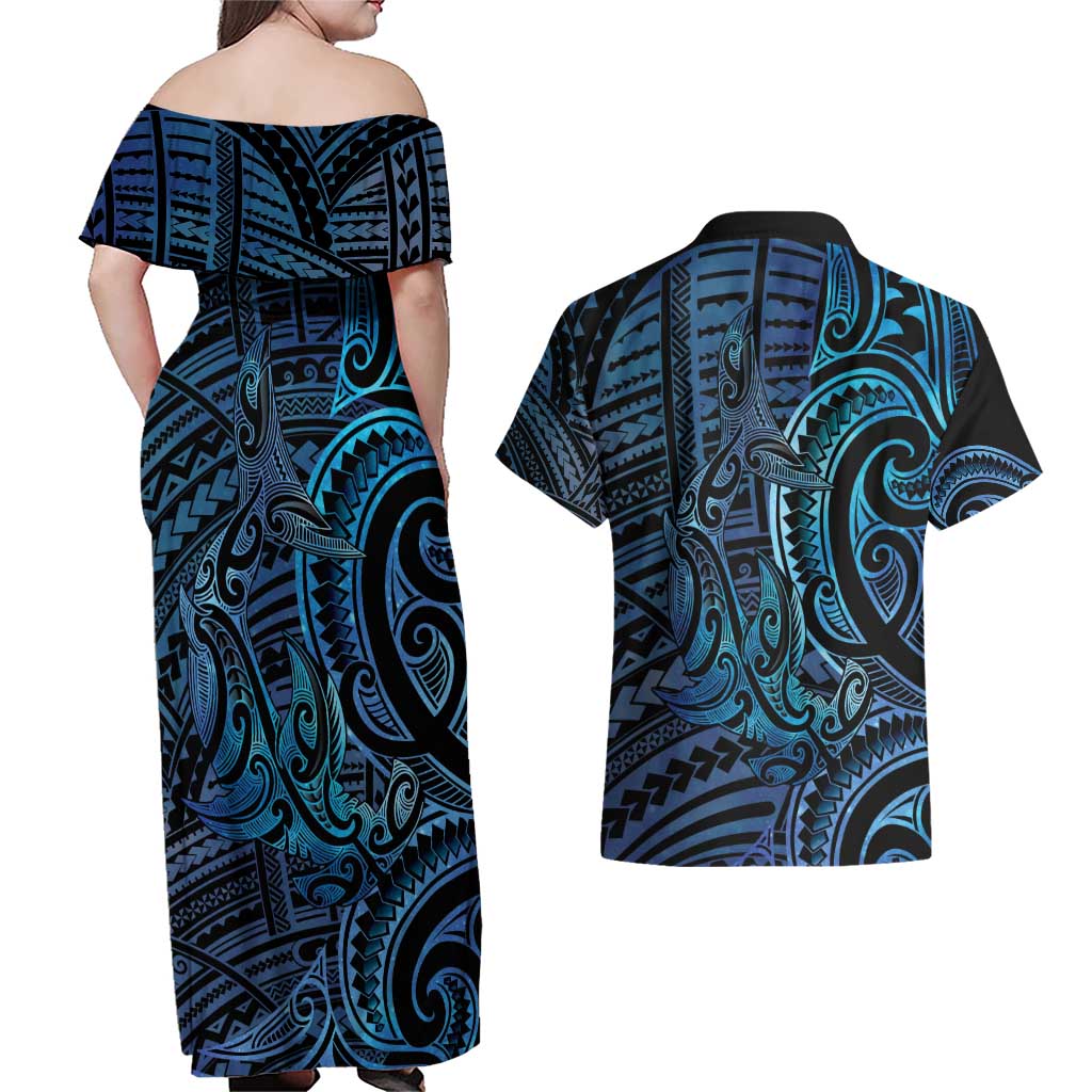 New Zealand Hammerhead Shark Couples Matching Off Shoulder Maxi Dress and Hawaiian Shirt Maori Haehae Mangopare Galaxy - Aussie Hoodie