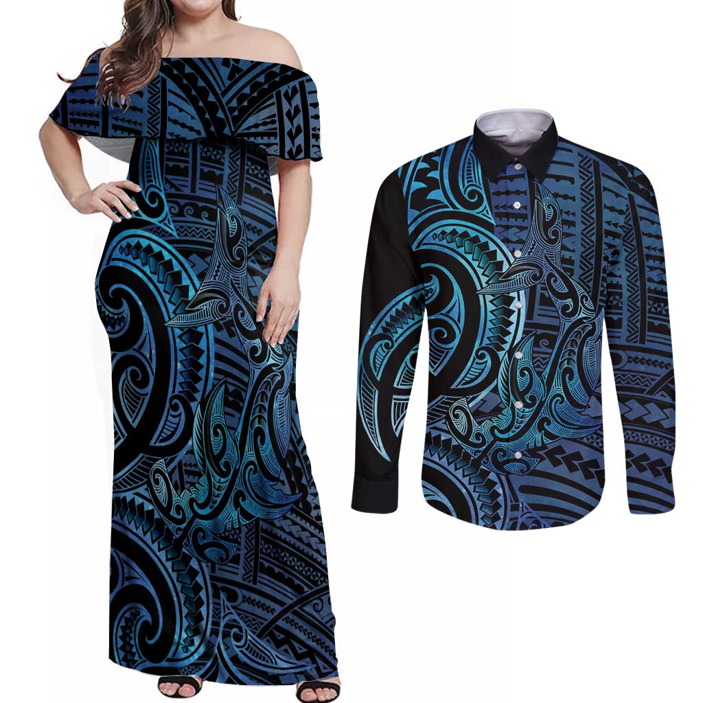 New Zealand Hammerhead Shark Couples Matching Off Shoulder Maxi Dress and Long Sleeve Button Shirt Maori Haehae Mangopare Galaxy - Aussie Hoodie