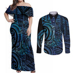 New Zealand Hammerhead Shark Couples Matching Off Shoulder Maxi Dress and Long Sleeve Button Shirt Maori Haehae Mangopare Galaxy - Aussie Hoodie