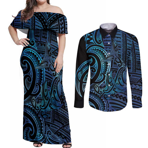 New Zealand Hammerhead Shark Couples Matching Off Shoulder Maxi Dress and Long Sleeve Button Shirt Maori Haehae Mangopare Galaxy - Aussie Hoodie