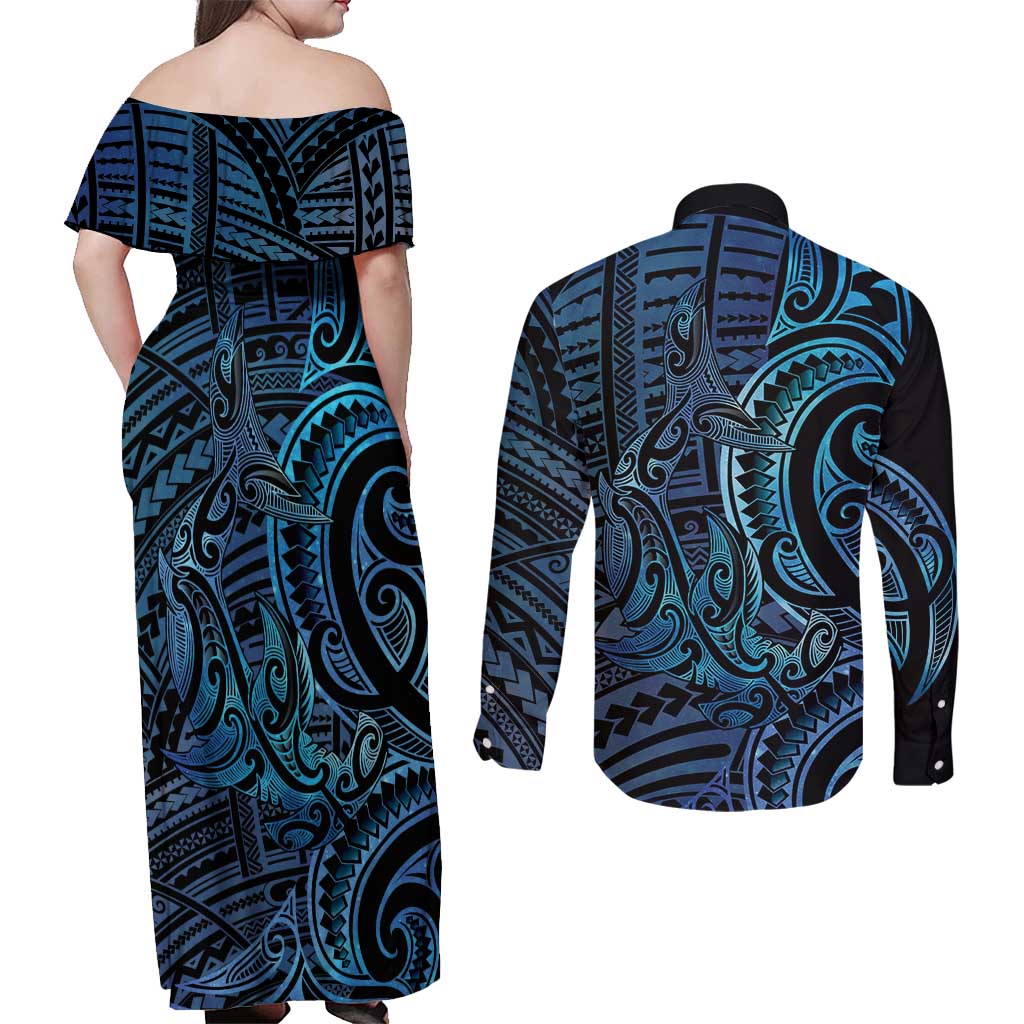 New Zealand Hammerhead Shark Couples Matching Off Shoulder Maxi Dress and Long Sleeve Button Shirt Maori Haehae Mangopare Galaxy - Aussie Hoodie
