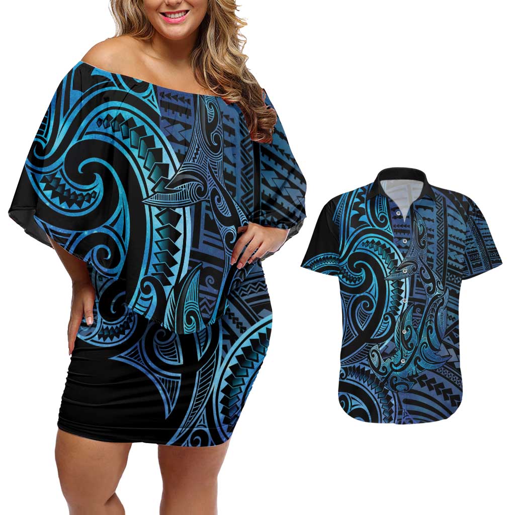 New Zealand Hammerhead Shark Couples Matching Off Shoulder Short Dress and Hawaiian Shirt Maori Haehae Mangopare Galaxy - Aussie Hoodie
