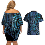 New Zealand Hammerhead Shark Couples Matching Off Shoulder Short Dress and Hawaiian Shirt Maori Haehae Mangopare Galaxy - Aussie Hoodie