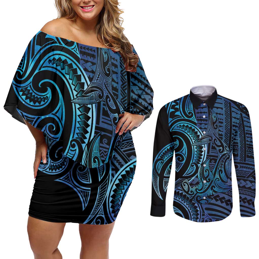 New Zealand Hammerhead Shark Couples Matching Off Shoulder Short Dress and Long Sleeve Button Shirt Maori Haehae Mangopare Galaxy - Aussie Hoodie