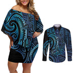 New Zealand Hammerhead Shark Couples Matching Off Shoulder Short Dress and Long Sleeve Button Shirt Maori Haehae Mangopare Galaxy - Aussie Hoodie