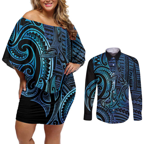 New Zealand Hammerhead Shark Couples Matching Off Shoulder Short Dress and Long Sleeve Button Shirt Maori Haehae Mangopare Galaxy - Aussie Hoodie