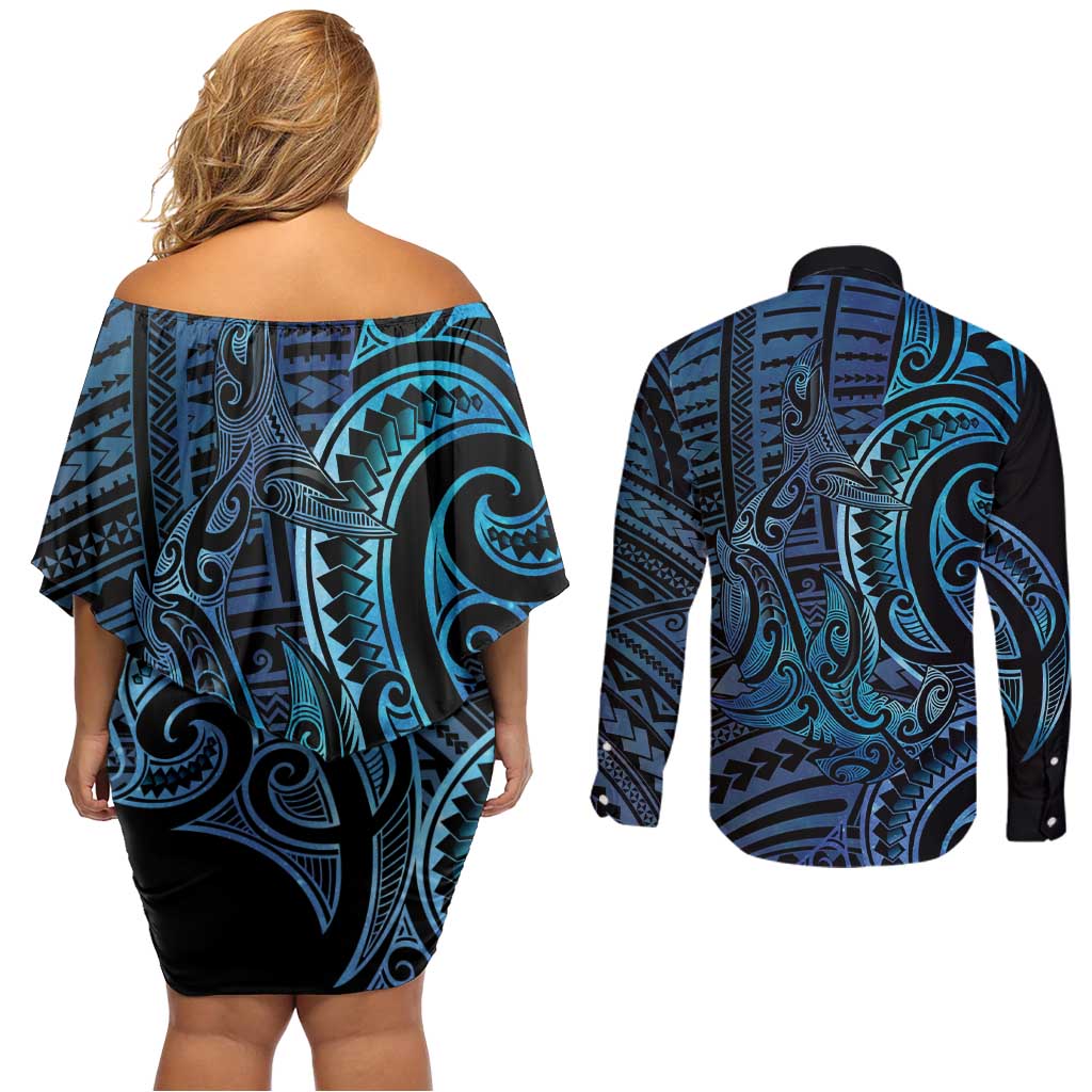New Zealand Hammerhead Shark Couples Matching Off Shoulder Short Dress and Long Sleeve Button Shirt Maori Haehae Mangopare Galaxy - Aussie Hoodie