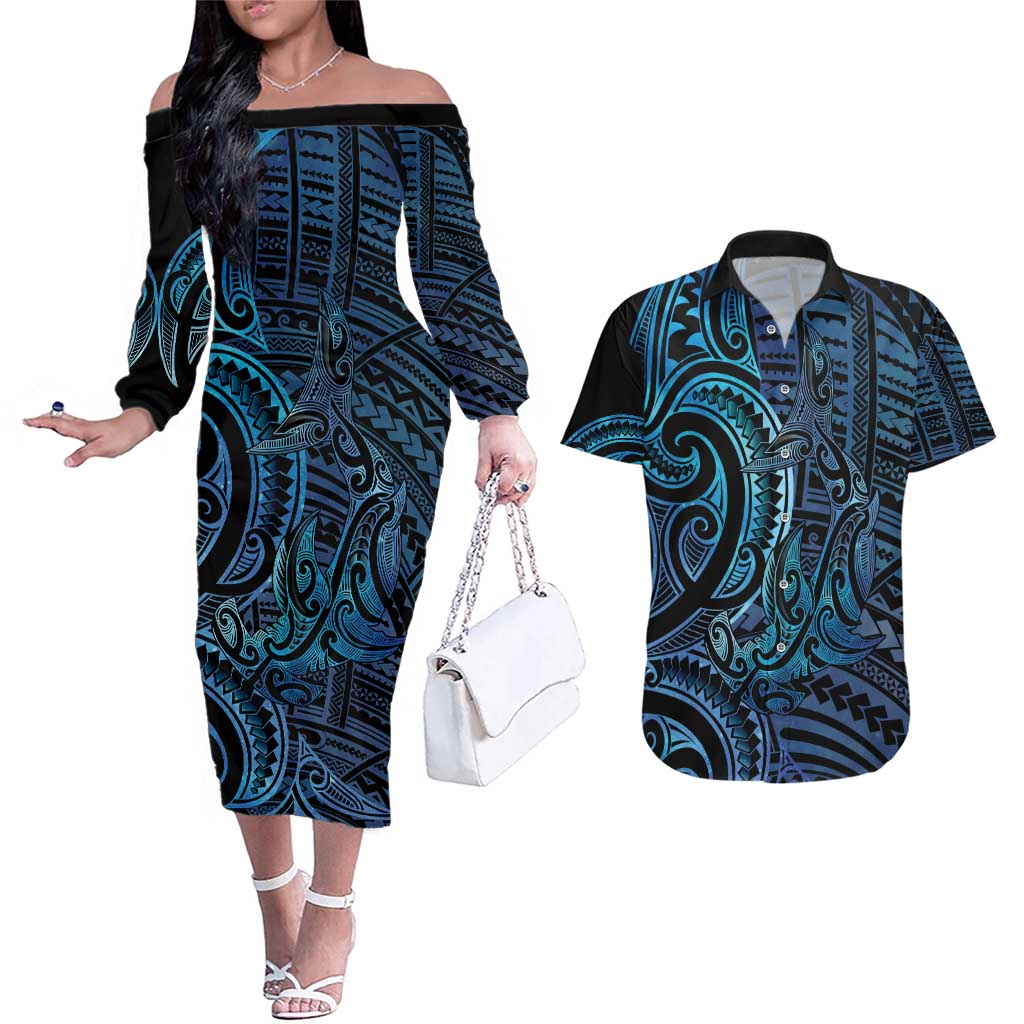 New Zealand Hammerhead Shark Couples Matching Off The Shoulder Long Sleeve Dress and Hawaiian Shirt Maori Haehae Mangopare Galaxy - Aussie Hoodie