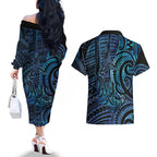 New Zealand Hammerhead Shark Couples Matching Off The Shoulder Long Sleeve Dress and Hawaiian Shirt Maori Haehae Mangopare Galaxy - Aussie Hoodie