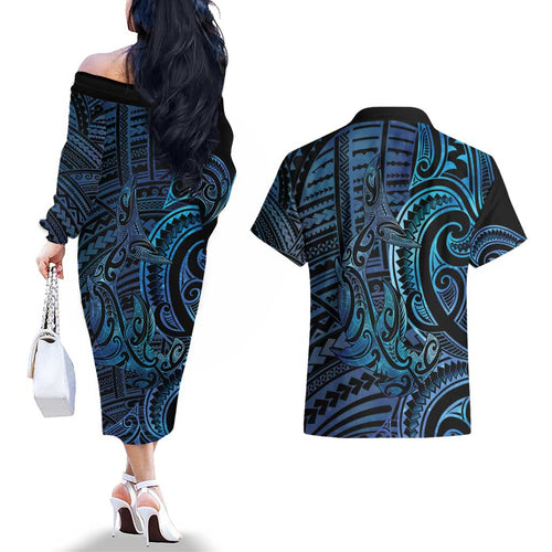 New Zealand Hammerhead Shark Couples Matching Off The Shoulder Long Sleeve Dress and Hawaiian Shirt Maori Haehae Mangopare Galaxy - Aussie Hoodie