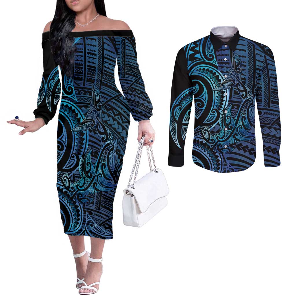 New Zealand Hammerhead Shark Couples Matching Off The Shoulder Long Sleeve Dress and Long Sleeve Button Shirt Maori Haehae Mangopare Galaxy - Aussie Hoodie