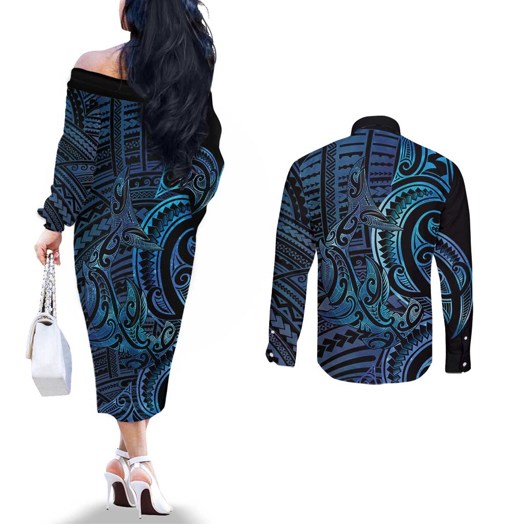 New Zealand Hammerhead Shark Couples Matching Off The Shoulder Long Sleeve Dress and Long Sleeve Button Shirt Maori Haehae Mangopare Galaxy - Aussie Hoodie