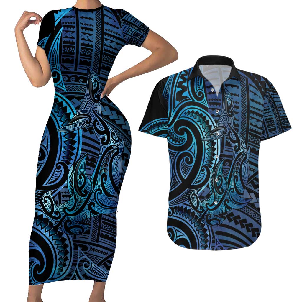 New Zealand Hammerhead Shark Couples Matching Short Sleeve Bodycon Dress and Hawaiian Shirt Maori Haehae Mangopare Galaxy - Aussie Hoodie