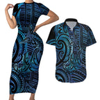 New Zealand Hammerhead Shark Couples Matching Short Sleeve Bodycon Dress and Hawaiian Shirt Maori Haehae Mangopare Galaxy - Aussie Hoodie