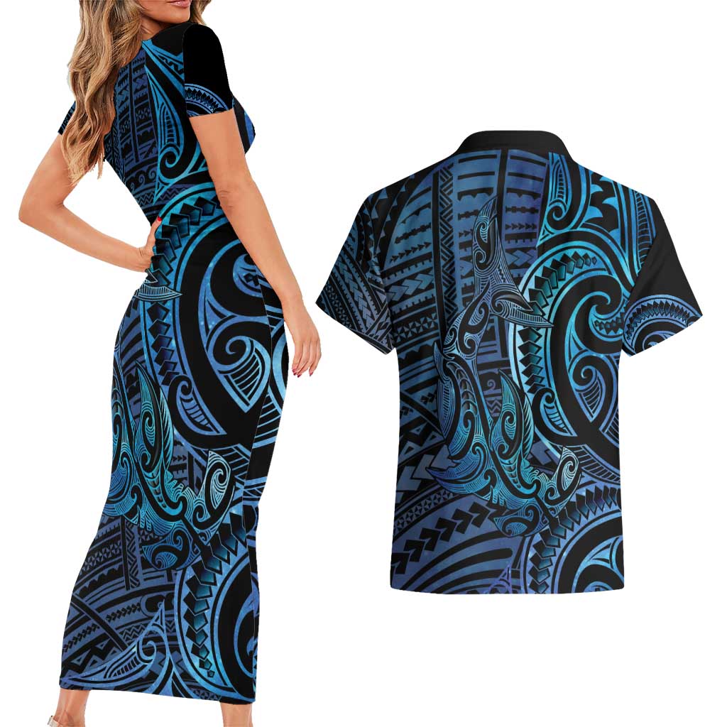 New Zealand Hammerhead Shark Couples Matching Short Sleeve Bodycon Dress and Hawaiian Shirt Maori Haehae Mangopare Galaxy - Aussie Hoodie
