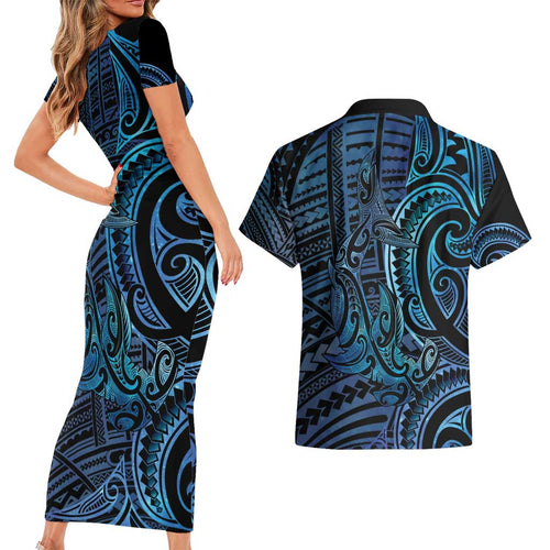 New Zealand Hammerhead Shark Couples Matching Short Sleeve Bodycon Dress and Hawaiian Shirt Maori Haehae Mangopare Galaxy - Aussie Hoodie