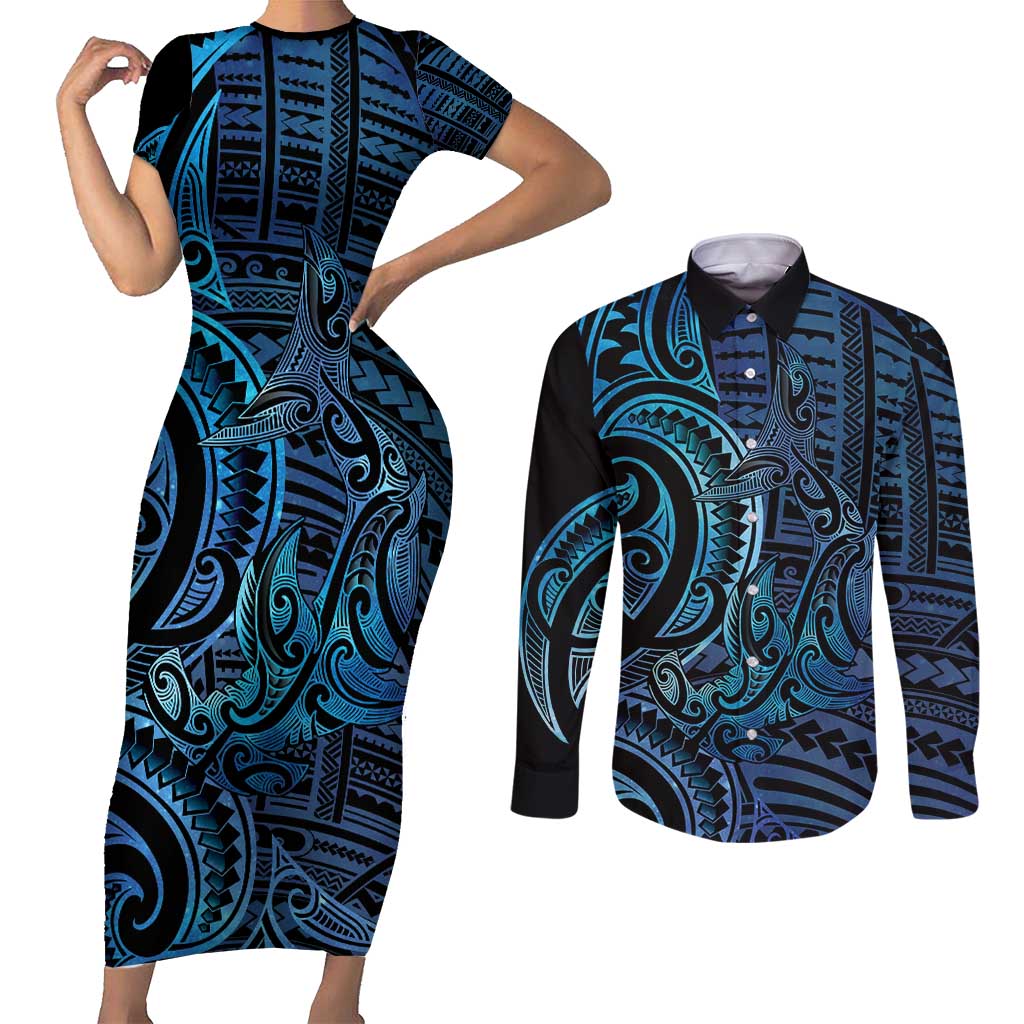 New Zealand Hammerhead Shark Couples Matching Short Sleeve Bodycon Dress and Long Sleeve Button Shirt Maori Haehae Mangopare Galaxy - Aussie Hoodie