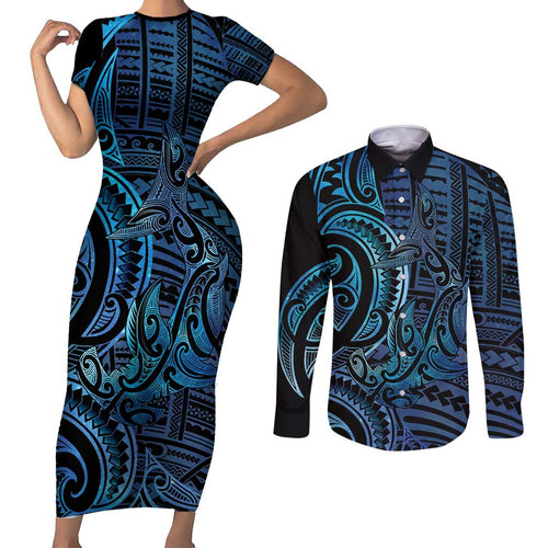 New Zealand Hammerhead Shark Couples Matching Short Sleeve Bodycon Dress and Long Sleeve Button Shirt Maori Haehae Mangopare Galaxy - Aussie Hoodie