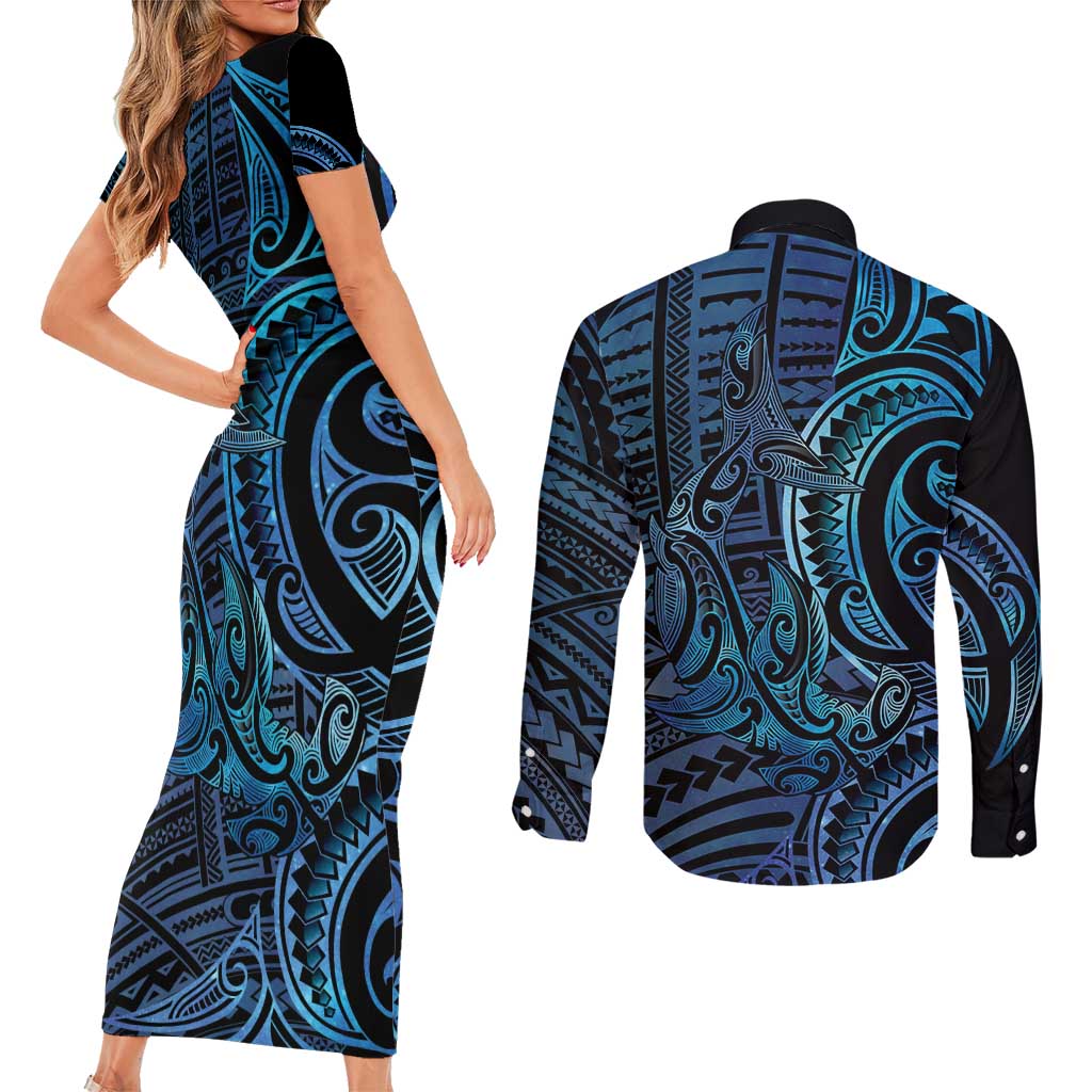 New Zealand Hammerhead Shark Couples Matching Short Sleeve Bodycon Dress and Long Sleeve Button Shirt Maori Haehae Mangopare Galaxy - Aussie Hoodie