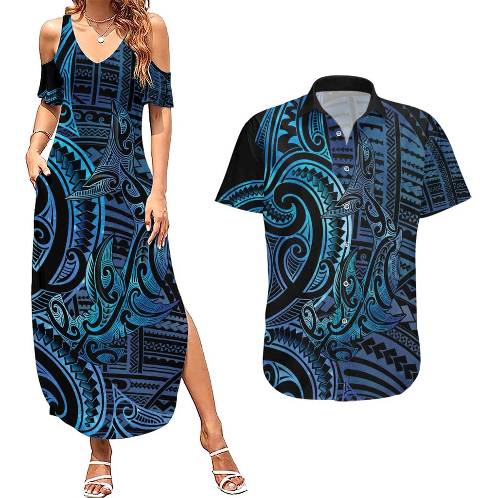 New Zealand Hammerhead Shark Couples Matching Summer Maxi Dress and Hawaiian Shirt Maori Haehae Mangopare Galaxy - Aussie Hoodie