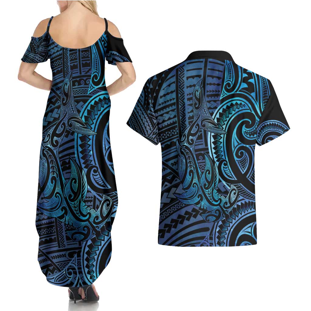 New Zealand Hammerhead Shark Couples Matching Summer Maxi Dress and Hawaiian Shirt Maori Haehae Mangopare Galaxy - Aussie Hoodie