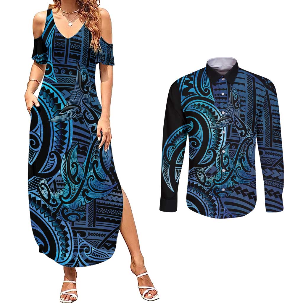 New Zealand Hammerhead Shark Couples Matching Summer Maxi Dress and Long Sleeve Button Shirt Maori Haehae Mangopare Galaxy - Aussie Hoodie