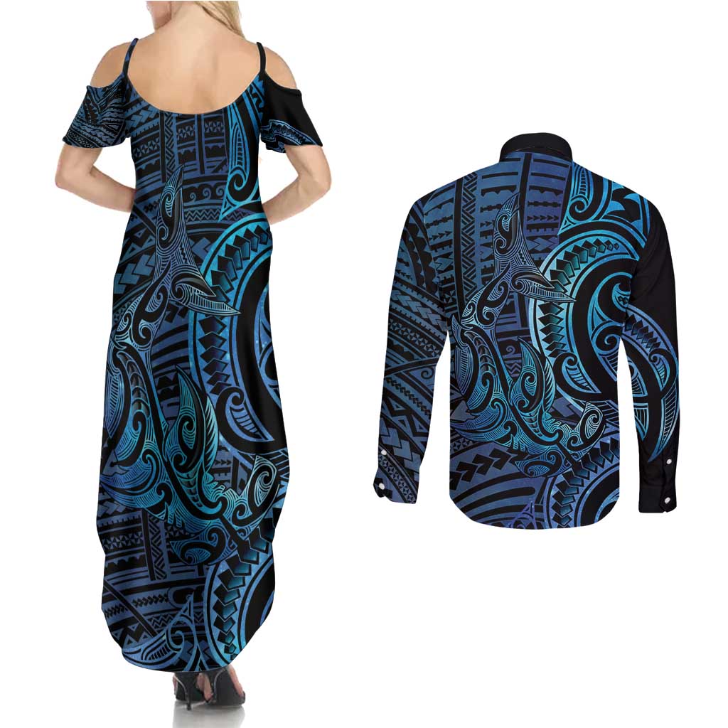 New Zealand Hammerhead Shark Couples Matching Summer Maxi Dress and Long Sleeve Button Shirt Maori Haehae Mangopare Galaxy - Aussie Hoodie