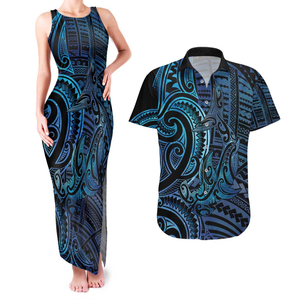 New Zealand Hammerhead Shark Couples Matching Tank Maxi Dress and Hawaiian Shirt Maori Haehae Mangopare Galaxy - Aussie Hoodie