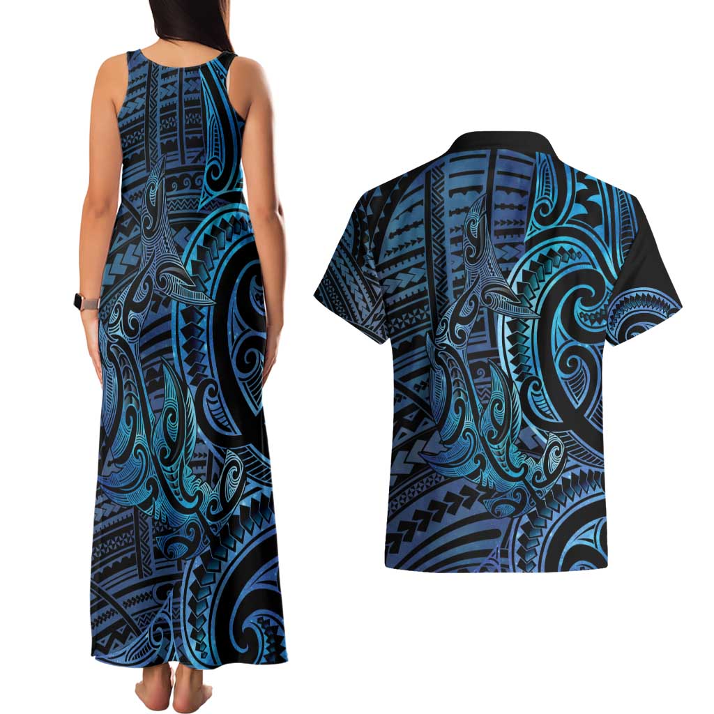 New Zealand Hammerhead Shark Couples Matching Tank Maxi Dress and Hawaiian Shirt Maori Haehae Mangopare Galaxy - Aussie Hoodie