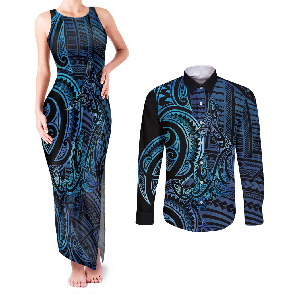 New Zealand Hammerhead Shark Couples Matching Tank Maxi Dress and Long Sleeve Button Shirt Maori Haehae Mangopare Galaxy - Aussie Hoodie