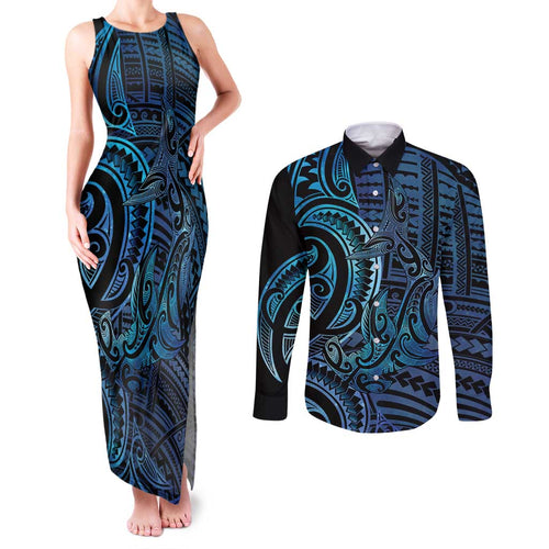 New Zealand Hammerhead Shark Couples Matching Tank Maxi Dress and Long Sleeve Button Shirt Maori Haehae Mangopare Galaxy - Aussie Hoodie