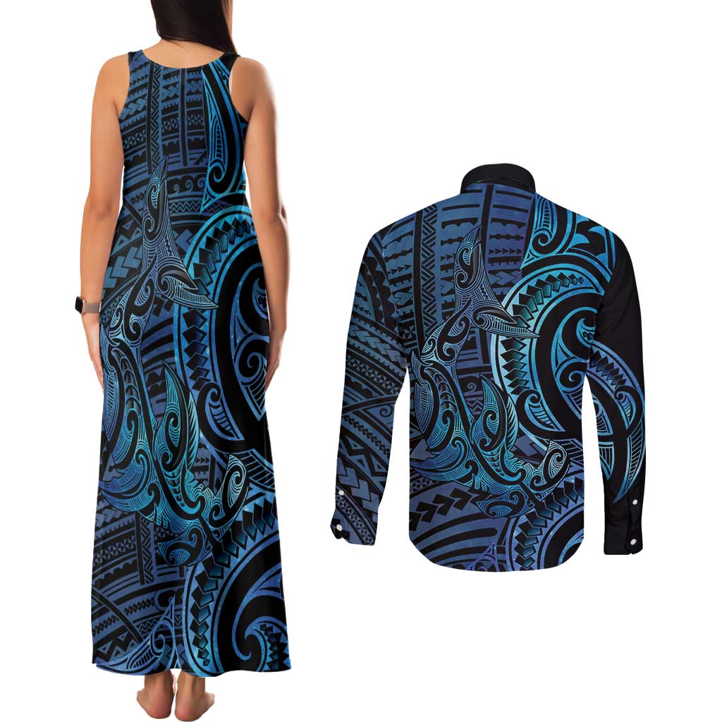 New Zealand Hammerhead Shark Couples Matching Tank Maxi Dress and Long Sleeve Button Shirt Maori Haehae Mangopare Galaxy - Aussie Hoodie