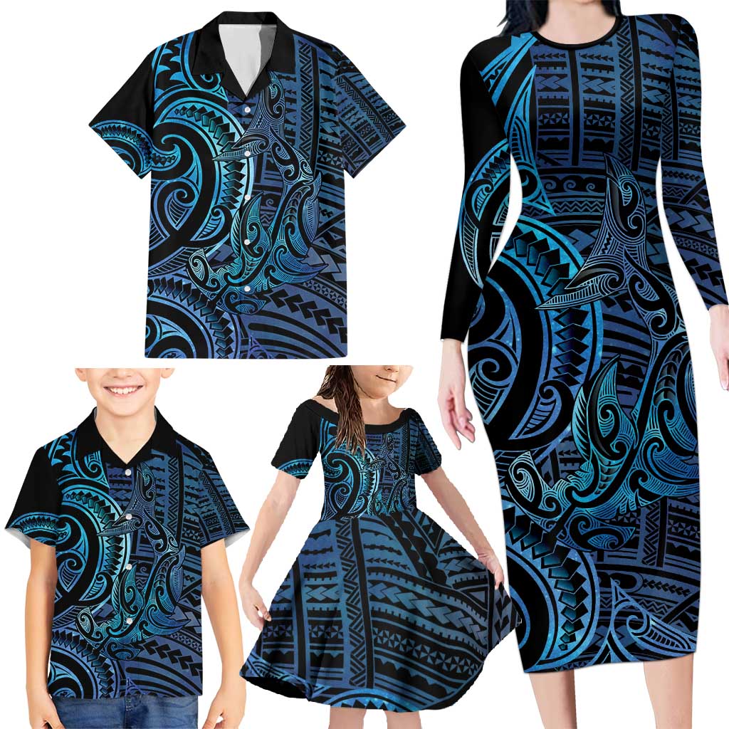 New Zealand Hammerhead Shark Family Matching Long Sleeve Bodycon Dress and Hawaiian Shirt Maori Haehae Mangopare Galaxy - Aussie Hoodie