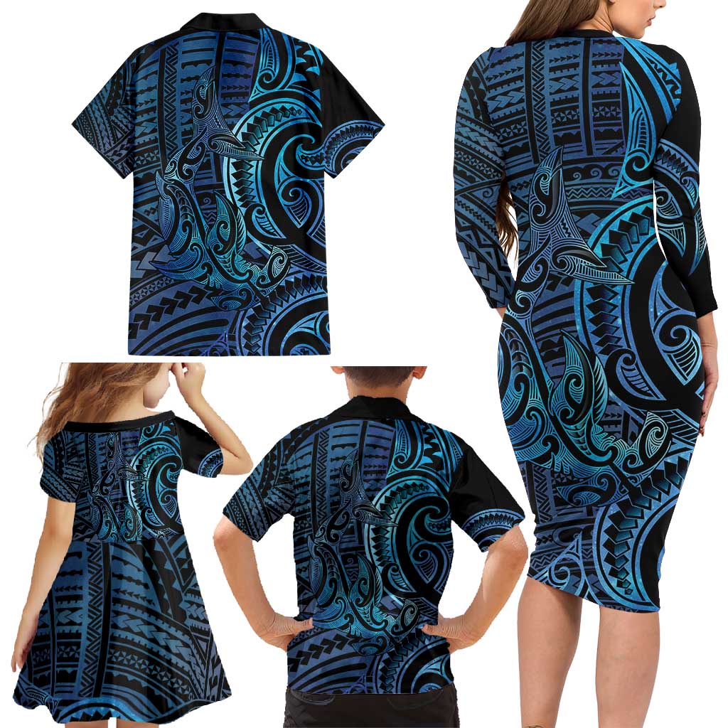 New Zealand Hammerhead Shark Family Matching Long Sleeve Bodycon Dress and Hawaiian Shirt Maori Haehae Mangopare Galaxy - Aussie Hoodie