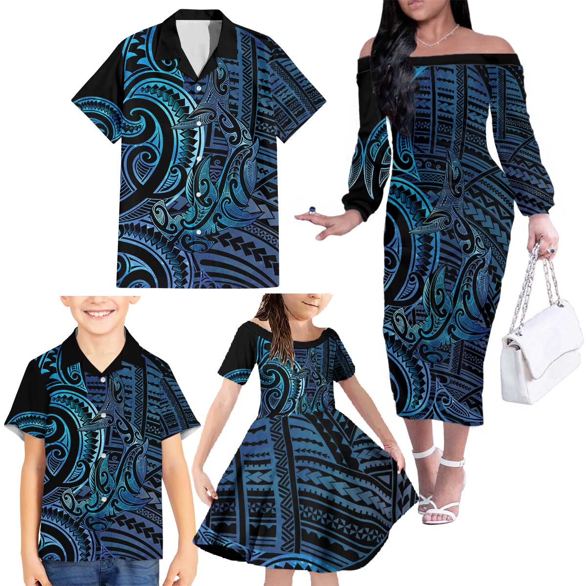 New Zealand Hammerhead Shark Family Matching Off The Shoulder Long Sleeve Dress and Hawaiian Shirt Maori Haehae Mangopare Galaxy - Aussie Hoodie