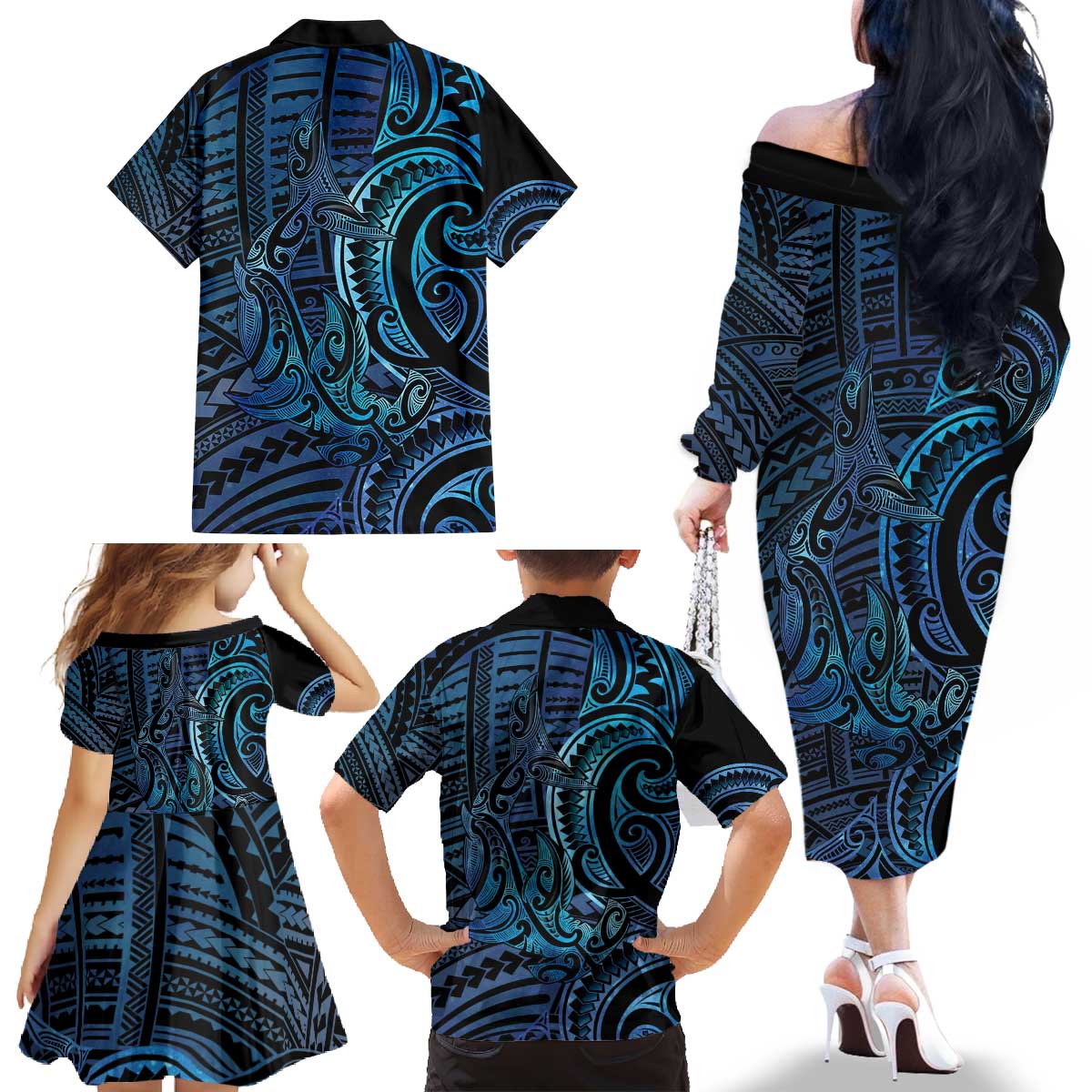 New Zealand Hammerhead Shark Family Matching Off The Shoulder Long Sleeve Dress and Hawaiian Shirt Maori Haehae Mangopare Galaxy - Aussie Hoodie