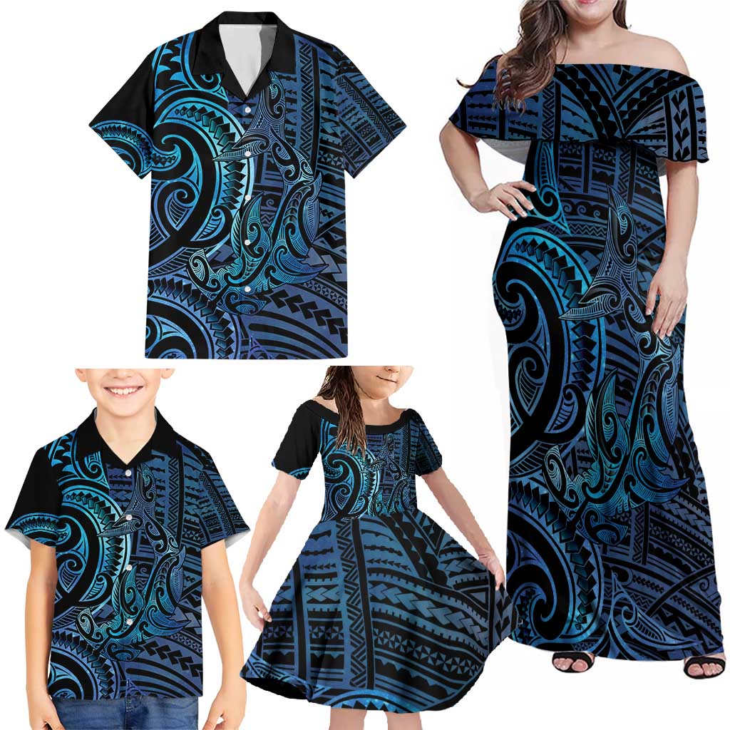 New Zealand Hammerhead Shark Family Matching Off Shoulder Maxi Dress and Hawaiian Shirt Maori Haehae Mangopare Galaxy - Aussie Hoodie