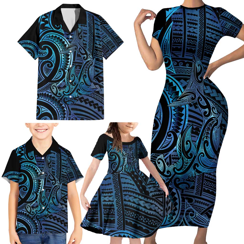 New Zealand Hammerhead Shark Family Matching Short Sleeve Bodycon Dress and Hawaiian Shirt Maori Haehae Mangopare Galaxy - Aussie Hoodie