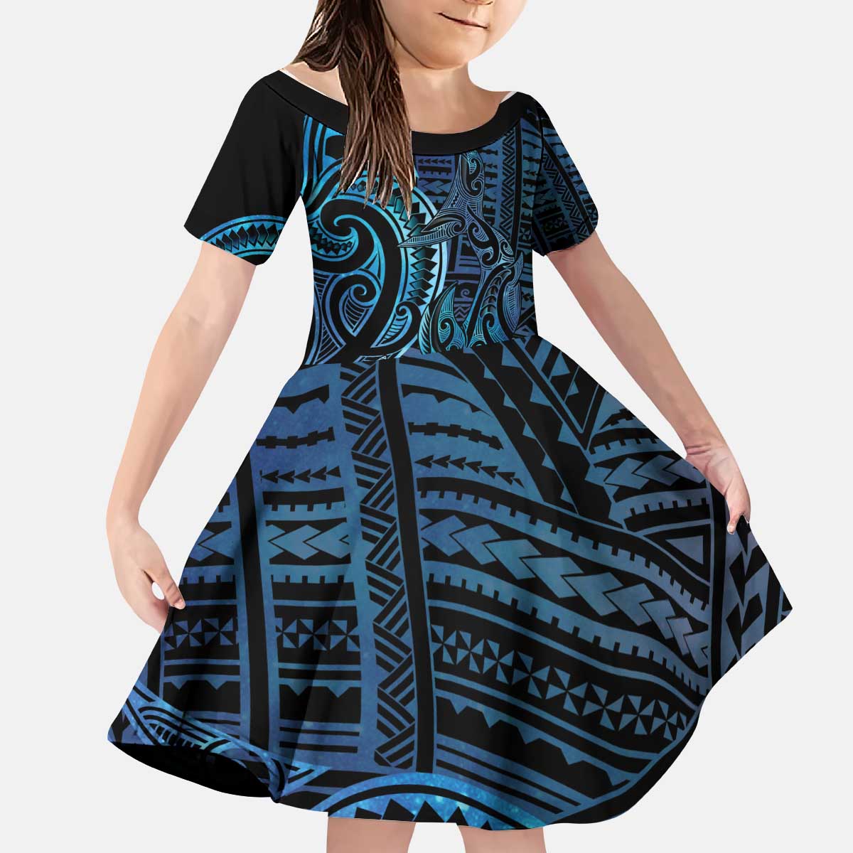 New Zealand Hammerhead Shark Kid Short Sleeve Dress Maori Haehae Mangopare Galaxy - Aussie Hoodie