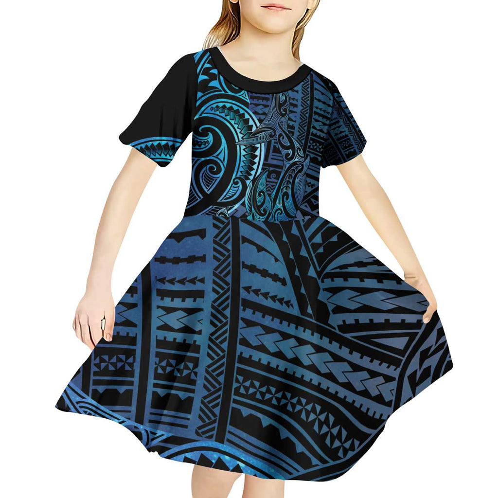New Zealand Hammerhead Shark Kid Short Sleeve Dress Maori Haehae Mangopare Galaxy - Aussie Hoodie