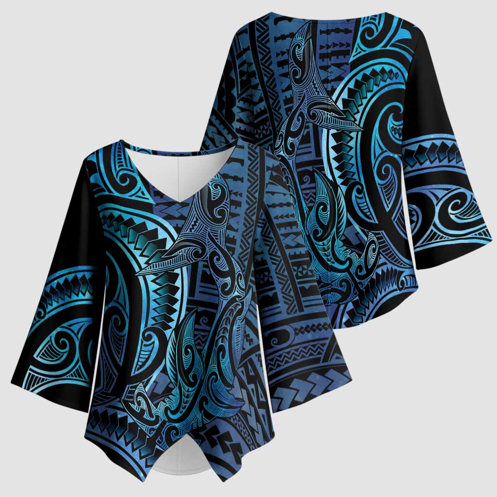 New Zealand Hammerhead Shark Kimono Sleeve Blouse Maori Haehae Mangopare Galaxy - Aussie Hoodie