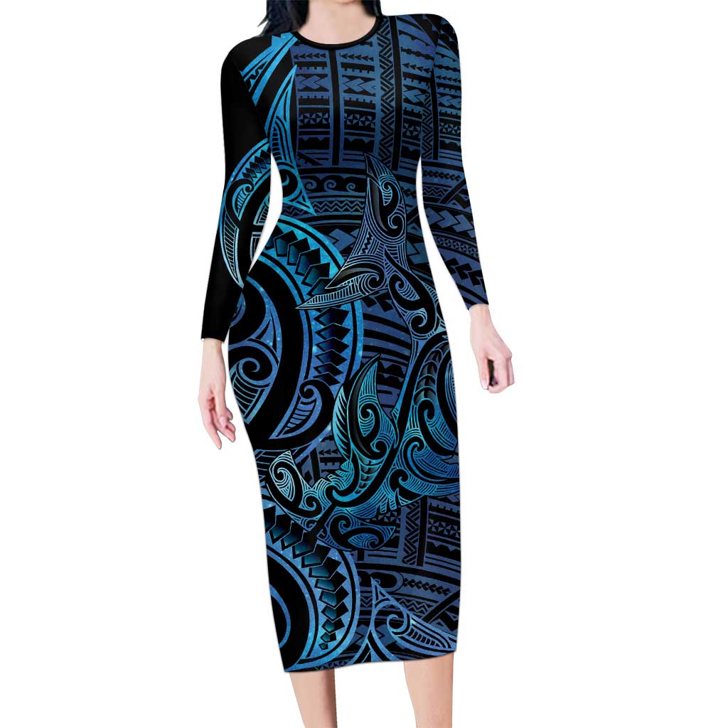 New Zealand Hammerhead Shark Long Sleeve Bodycon Dress Maori Haehae Mangopare Galaxy - Aussie Hoodie