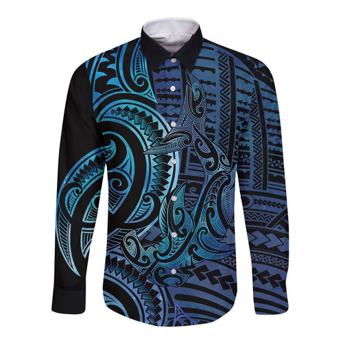 New Zealand Hammerhead Shark Long Sleeve Button Shirt Maori Haehae Mangopare Galaxy - Aussie Hoodie