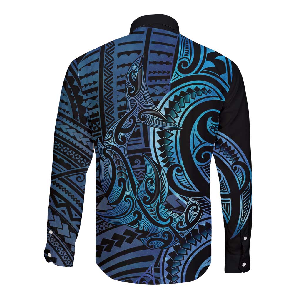 New Zealand Hammerhead Shark Long Sleeve Button Shirt Maori Haehae Mangopare Galaxy - Aussie Hoodie