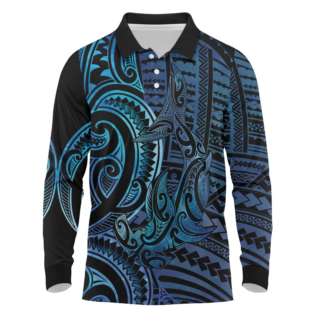 New Zealand Hammerhead Shark Long Sleeve Polo Shirt Maori Haehae Mangopare Galaxy - Aussie Hoodie