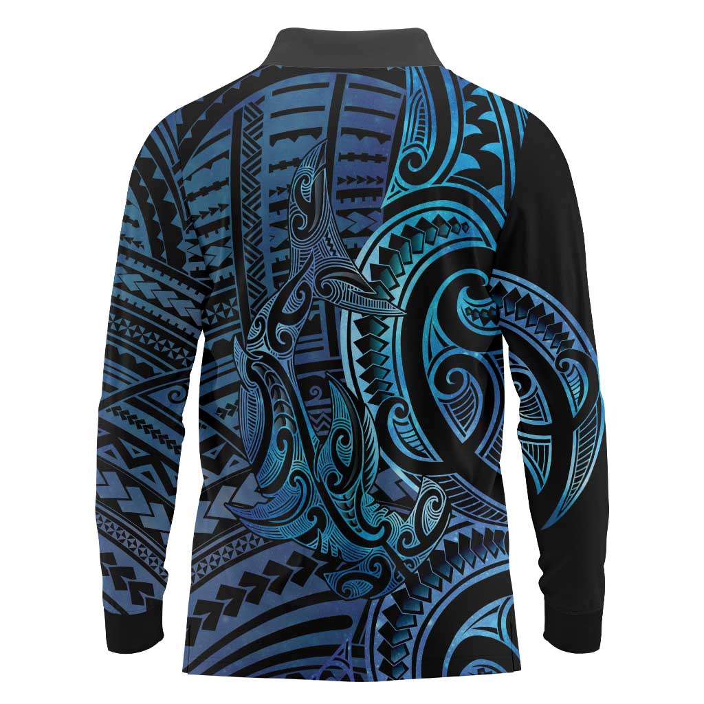 New Zealand Hammerhead Shark Long Sleeve Polo Shirt Maori Haehae Mangopare Galaxy - Aussie Hoodie