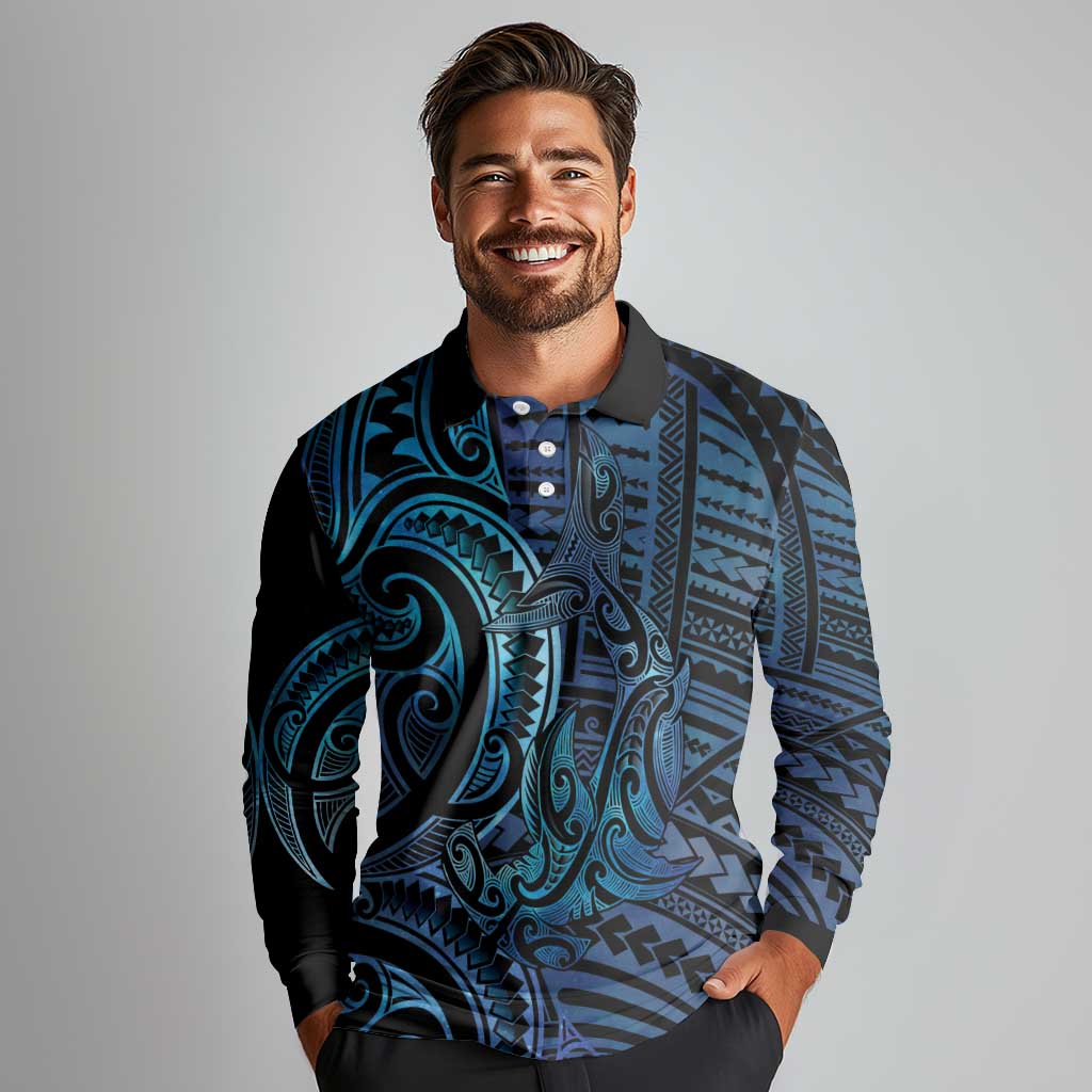 New Zealand Hammerhead Shark Long Sleeve Polo Shirt Maori Haehae Mangopare Galaxy - Aussie Hoodie