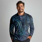 New Zealand Hammerhead Shark Long Sleeve Polo Shirt Maori Haehae Mangopare Galaxy - Aussie Hoodie