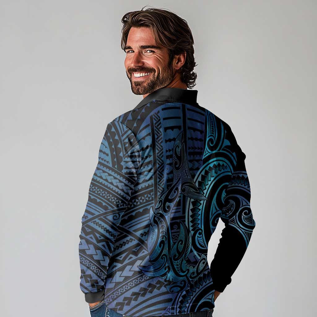 New Zealand Hammerhead Shark Long Sleeve Polo Shirt Maori Haehae Mangopare Galaxy - Aussie Hoodie